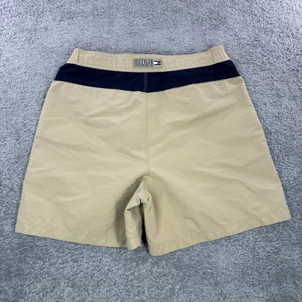 Y2K Tommy Hilfiger Vintage Mens XL Tan Navy‎ Colorblock Board Shorts Swim Trunks